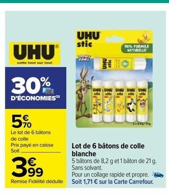 Carrefour Lot de 6 bâtons de colle blanche offre