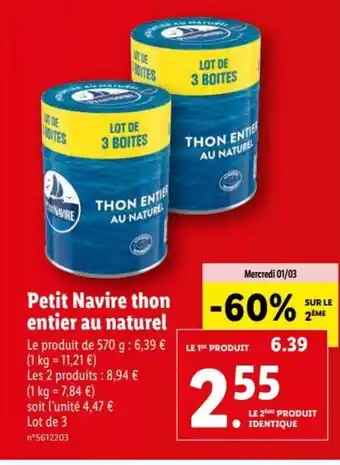 Lidl Petit Navire Thon Entier au Naturel offre