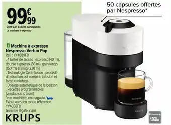 Carrefour Machine à expresso nespresso vertuo pop krups offre
