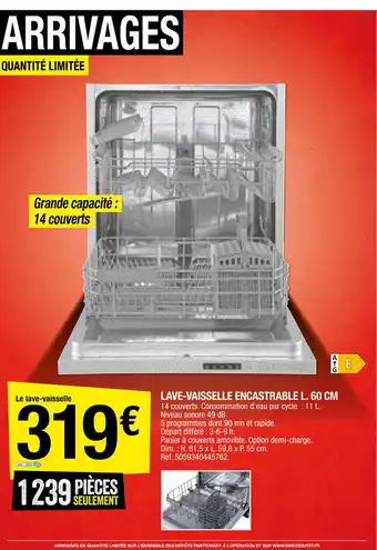 Brico Dépôt Lave-Vaisselle Encastrable 60cm offre