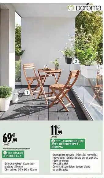 Intermarché Set bistro 3 pièces ela, kit jardinière like avec réserve d'eau deroma offre