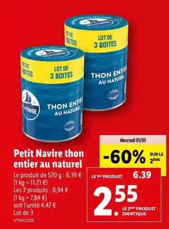 Lidl Petit navire thon entier au naturel offre
