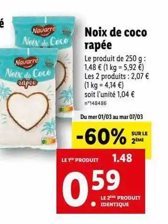 Lidl Noix de coco râpée navarre offre