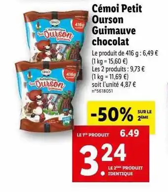 Lidl Cémoi petit ourson guimauve chocolat offre