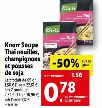 Lidl Knorr soupe thaï nouilles, champignons et pousses de soja offre