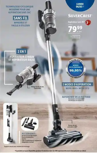 Lidl Aspirateur sans fil silver crest offre