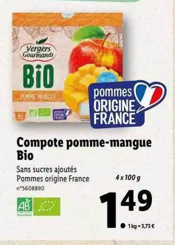 Lidl Compote pomme-mangue bio vergers gourmands offre