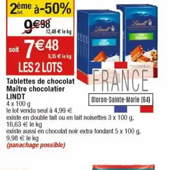 Cora x Carrefour Tablettes de Chocolat Maitre chocolatier Lindt offre