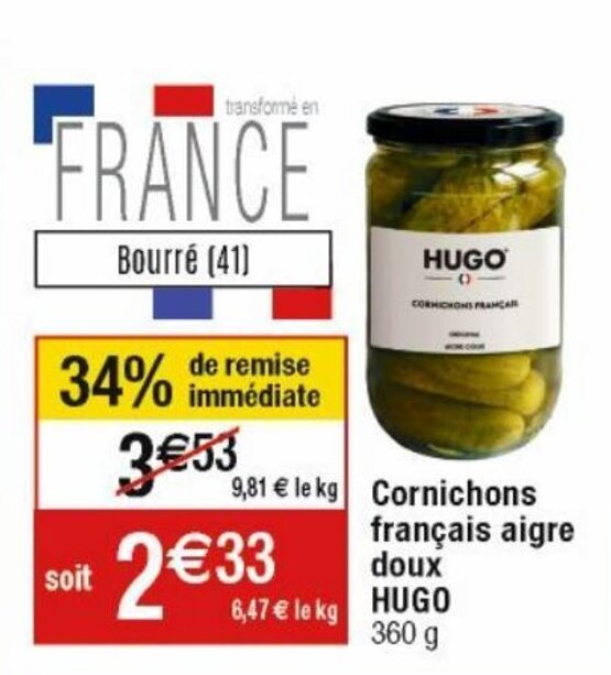 Promo Cornichons français aigre doux HUGO chez Cora