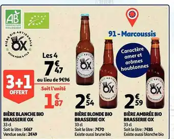 Auchan Bière blanche bio brasserie ox, bière blonde bio brasserie ox, bière ambrée bio brasserie ox offre