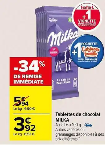 Carrefour Market Tablettes de chocolat milka offre