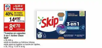 Cora x Carrefour Lessive en capsules 3-en-1 active clean skip offre