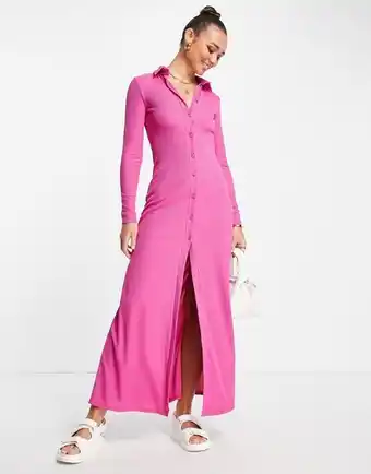 Asos Asos design - robe chemise longue côtelée à manches longues - rose vif offre