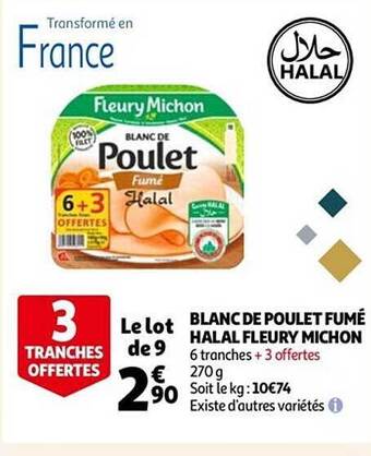 Auchan Blanc de poulet fumé halal fleury michon offre