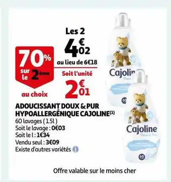 Auchan Adoucissant doux & pur hypoallergénique cajoline offre