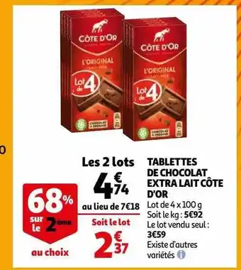 Auchan Tablettes de chocolat extra lait côte d'or offre