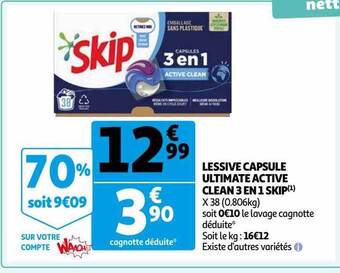 Auchan Lessive capsule ultimate active clean 3 en 1 skip offre