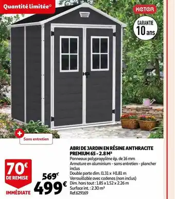 Auchan Abri de jardin en résine anthracite premium 65 - 2.8 m² offre