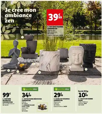 Auchan Fontaine décorative cascade d'eau, statue femme méditation gardenstar, cache-pot bouddha gardenstar, galets de marbre blanc offre