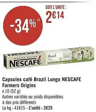 Casino Supermarchés Capsules café brazil lungo nescafé farmers origins offre