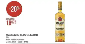 Casino Supermarchés Rhum carta oro 37,5% vol. bacardi offre