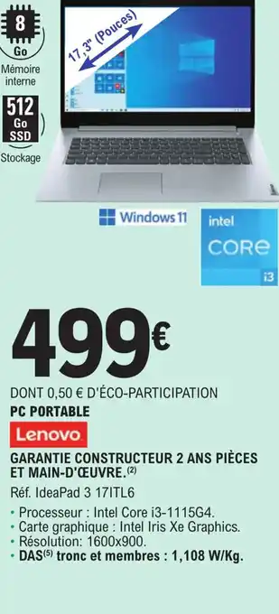 E.Leclerc Pc Portable Lenovo Garantie Constructeur 2 Ans Piéces main-D' Cœur offre