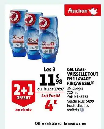 Auchan Gel lave-vaisselle tout en 1 lavage rinçage sel offre