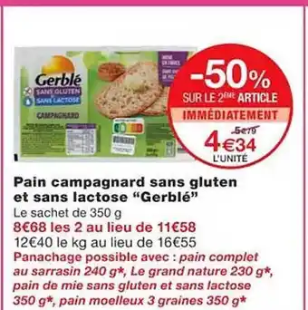 Pain campagnard sans gluten et sans lactose gerblé