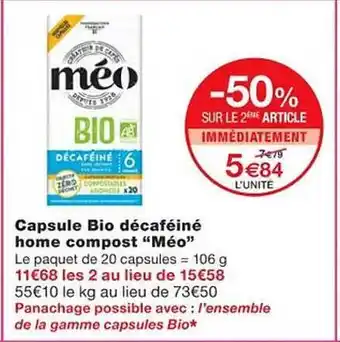 Monoprix Capsule bio décaféiné home compost méo offre