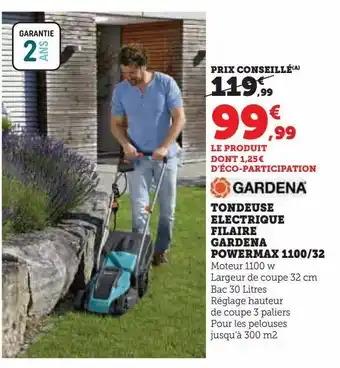 Tondeuse electrique filaire gardena powermax 1100/32
