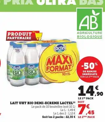 Super U Lait uht bio demi-ecreme lactel offre