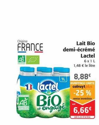 Colruyt Lait bio demi-écrémé lactel offre