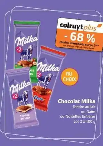 Colruyt Chocolat milka tendre au lait ou daim ou noisettes entières offre