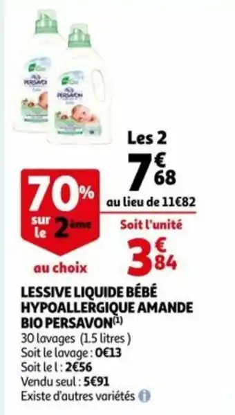 Auchan Lessive liquide bébé hypoallergique amande bio persavon offre