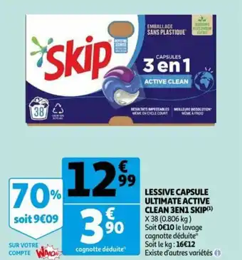 Auchan Lessive capsule ultimate active clean 3en1 SKIP offre