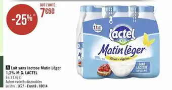 Casino Hyperfrais Lait sans lactose matin léger 1,2% m.g. lactel offre