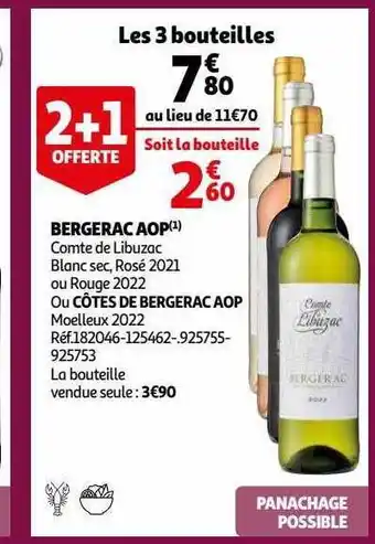 Auchan Bergerac aop comte de libuzac blanc sec, rosé 2021 ou rouge 2022 ou côtes de bergerac aop moelleux 2022 offre