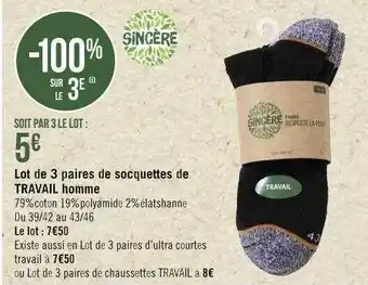 Casino Hyperfrais Lot de 3 paires de socquettes de travail homme sincère offre