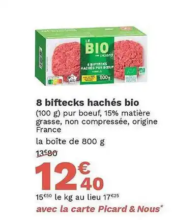 Picard 8 biftecks hachés bio offre