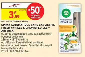 Intermarché Spray automatique sans gaz active fresh vanille & chèvrefeuille AIR WICK offre