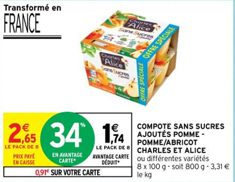 Promo Compote sans sucres ajoutés pomme pomme/abricot CHARLES ET