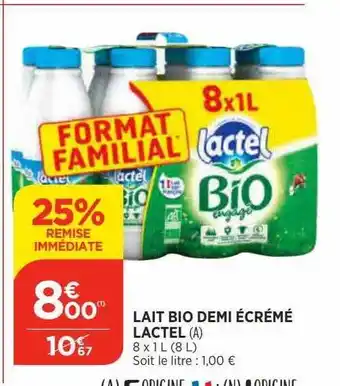 Lait bio demi écrémé lactel
