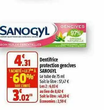 Coccinelle Express Dentifrice protection gencives sanogyl 1 acheté = le 2ème à -60% offre