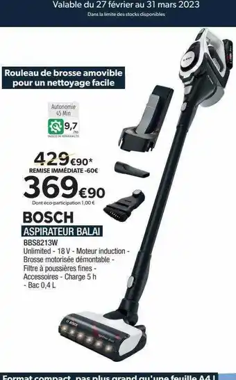Proxi Confort Bosch aspirateur balai offre