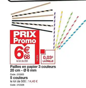 Promocash Pailles en papier 3 couleurs 20 cm - ø 6 mm 5 couleurs offre