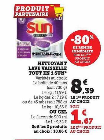 Hyper U Nettoyant lave vaisselle tout en 1 sun -80% de remise immédiate sur le 2ème produit au choix offre