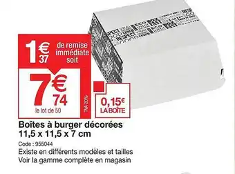 Promocash Boîtes à burger décorées 11.5 x 11.5 x 7 cm offre