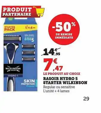Hyper U Rasoir hydro 5 starter wilkinson -50% de remise immédiate offre
