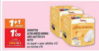 Netto Serviettes ultra minces normal avec ailettes x14 netto offre