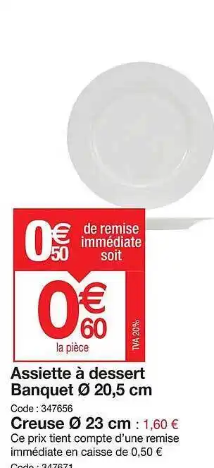 Promocash Assiette à dessert banquet ø 20.5 cm creuse ø 23 cm offre
